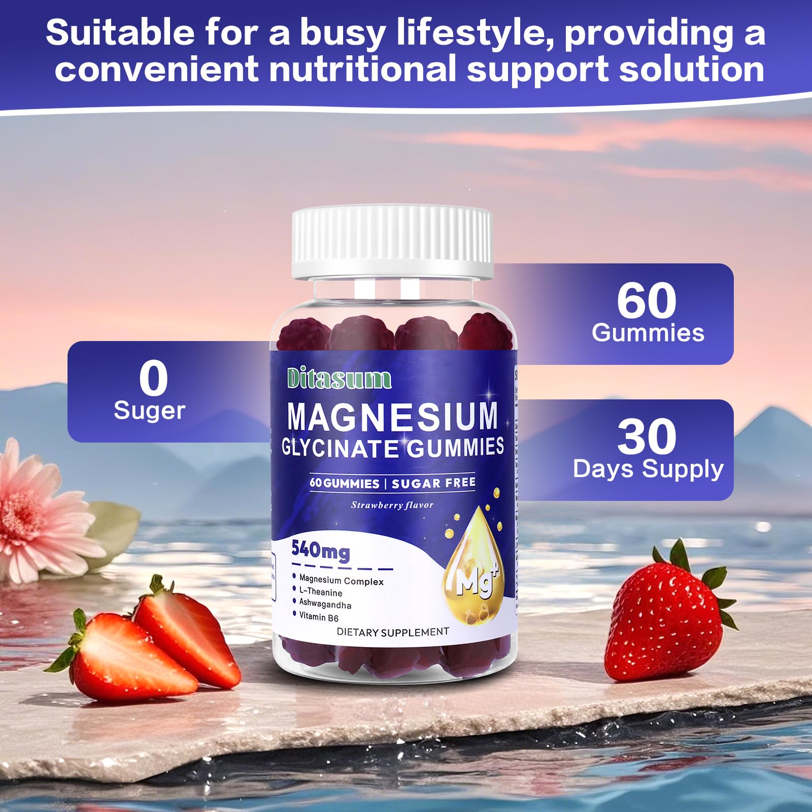 Ingredient icons highlight Magnesium Glycinate, L-Threonate, and Ashwagandha blend.