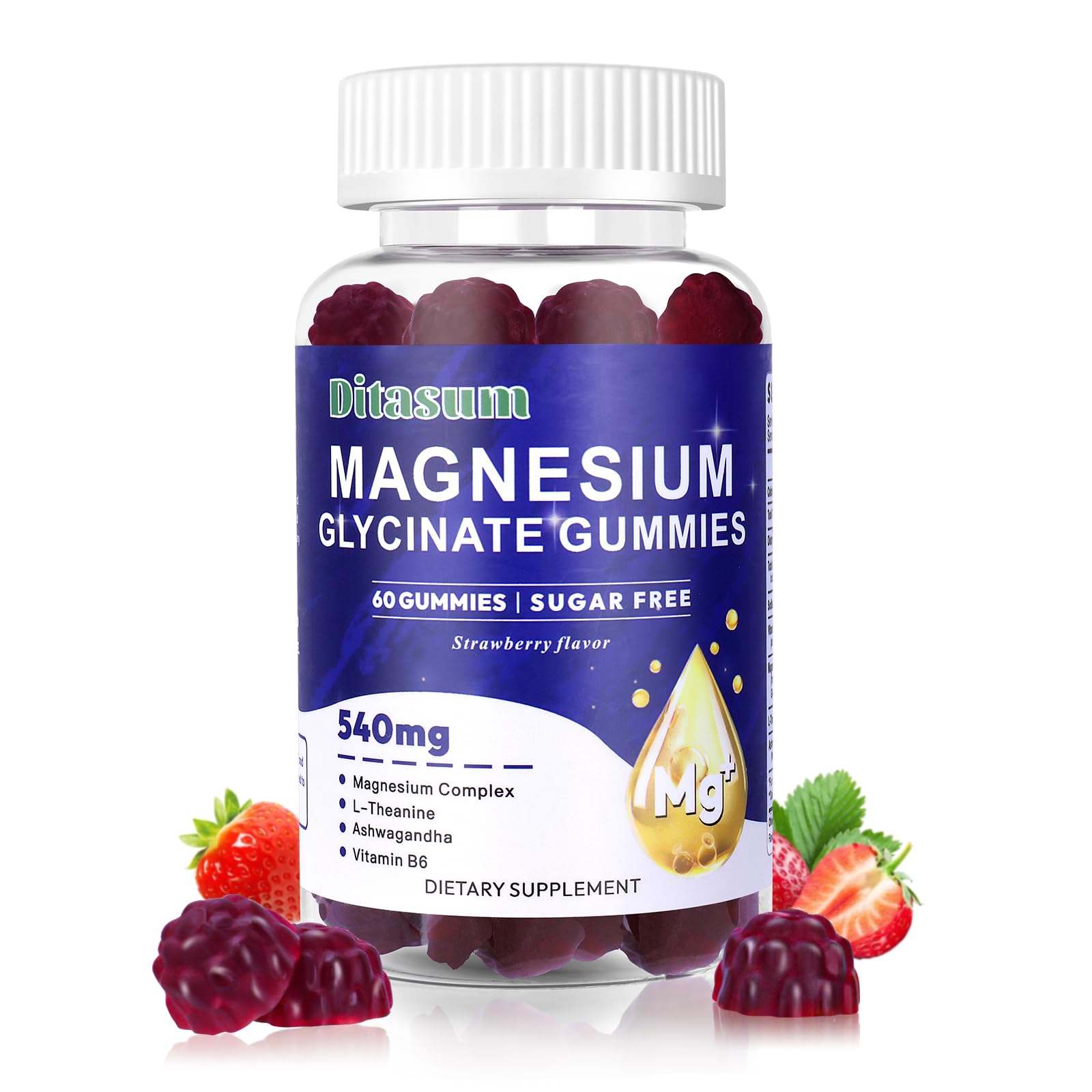 Ditasum Magnesium Glycinate Gummies strawberry bottle front, sugar-free relaxation support.