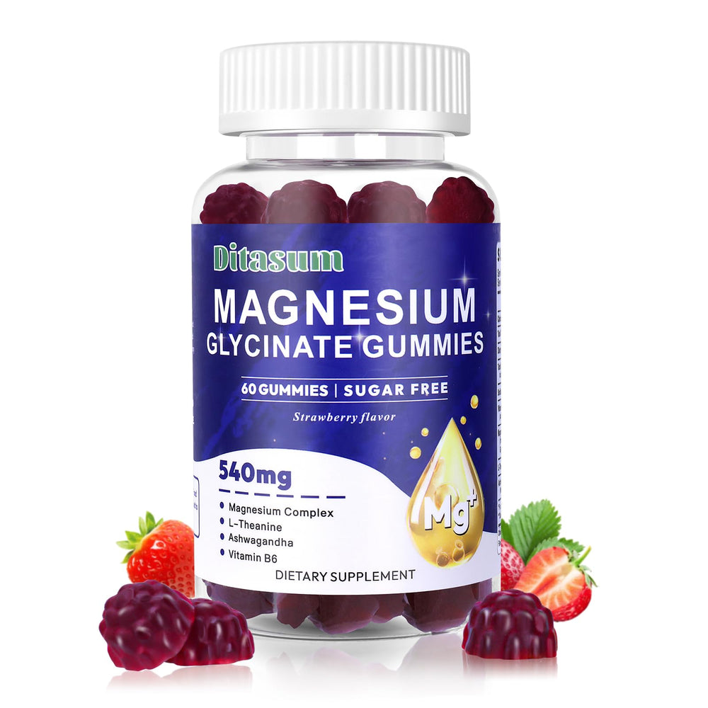 Ditasum Magnesium Glycinate Gummies strawberry bottle front, sugar-free relaxation support.