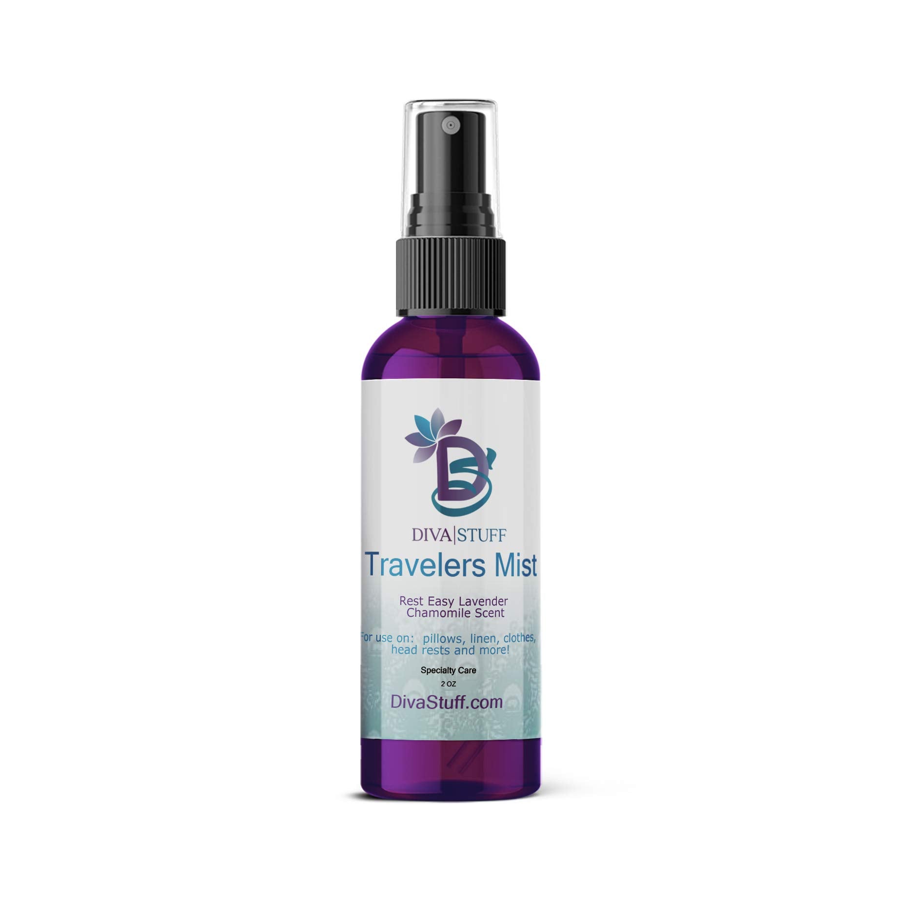 Diva Stuff Travelers Mist bottle on nightstand with calming lavender scent for sleep