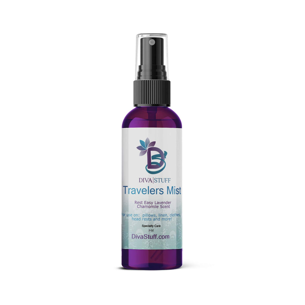 Diva Stuff Travelers Mist bottle on nightstand with calming lavender scent for sleep