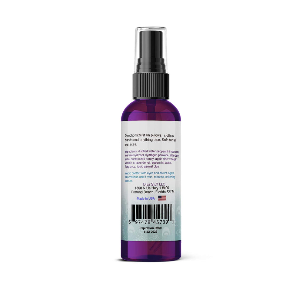 Close-up of Diva Stuff Travelers Mist label highlighting natural ingredients