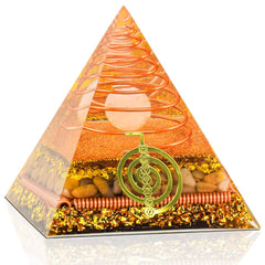 Divani Moonstone Orgone Pyramid with white jade ball, lotus, and tigereye for calm energy and focus