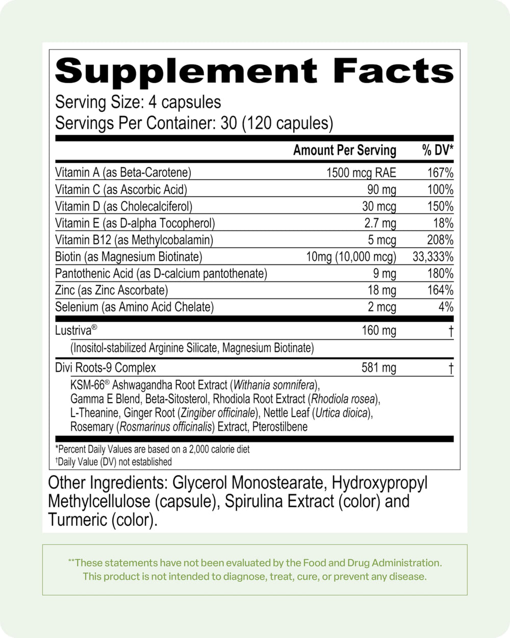 Divi Hair Vitamins allergen-friendly formula label.