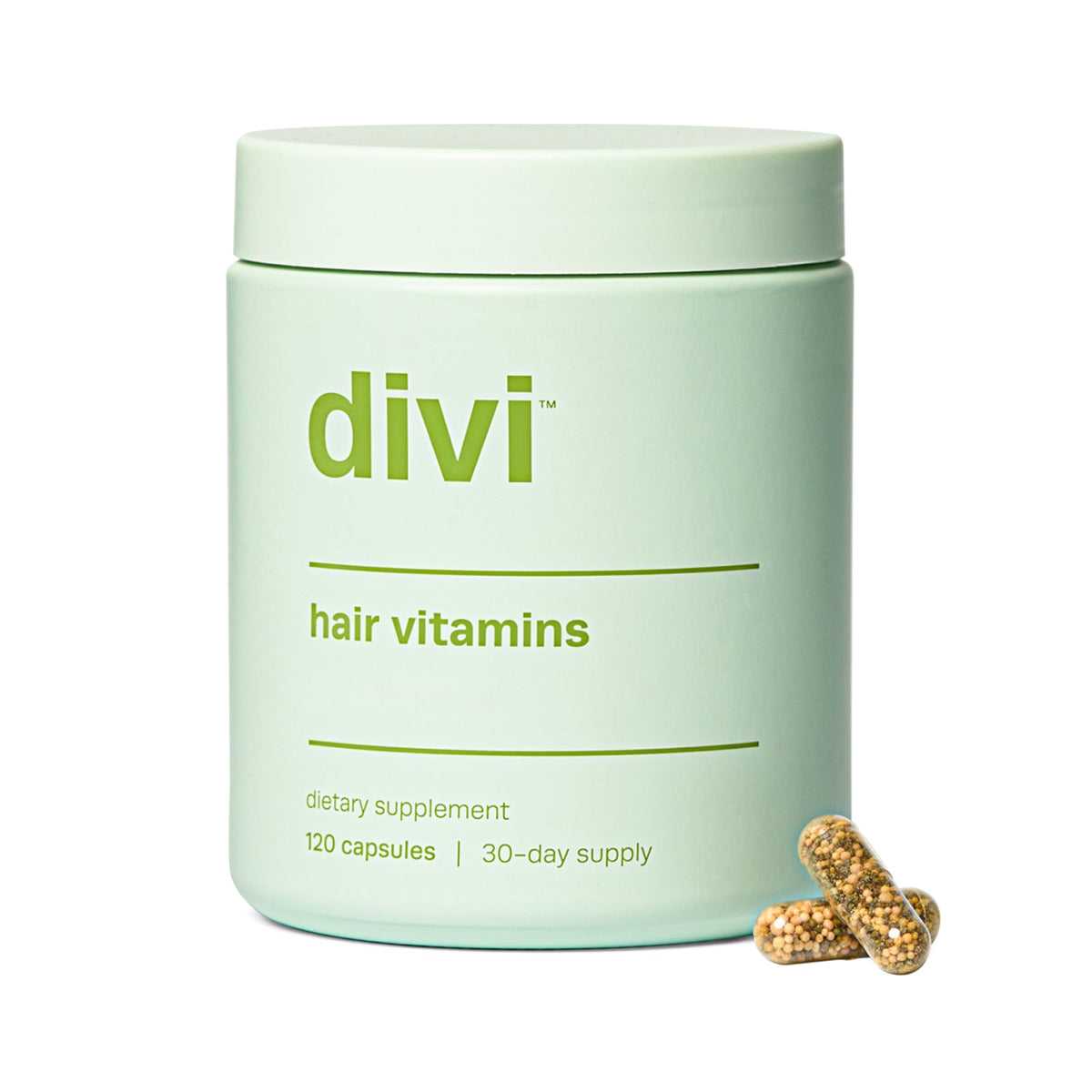Divi Hair Vitamins bottle with clean label for healthy hair.
