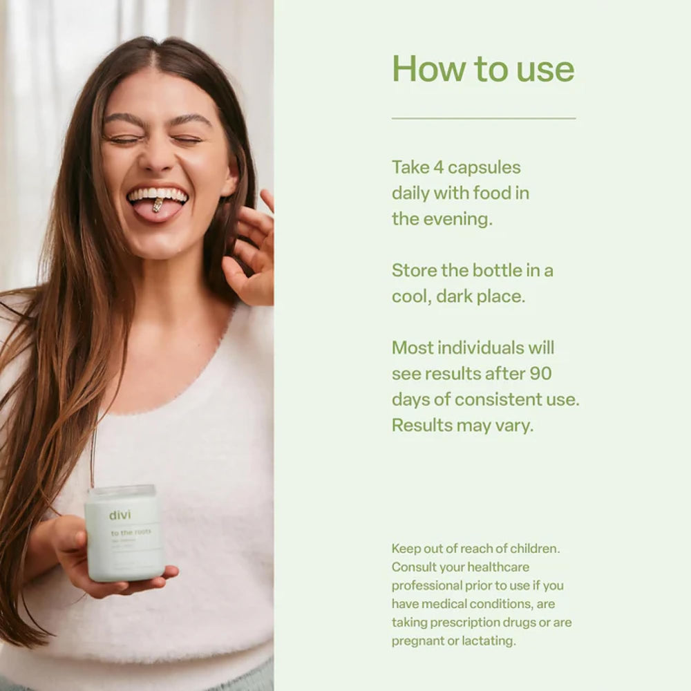 Divi Hair Vitamins bottle shows daily use with meals.
