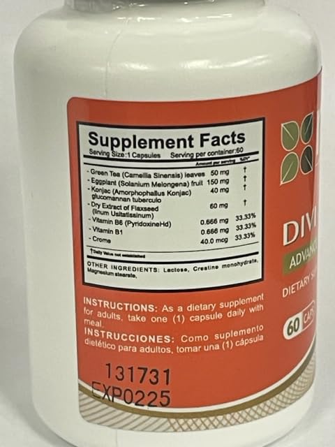 Diviher Advance Formula ingredients close-up featuring glucomannan and flaxseed for digestive comfort.