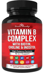 Divine Bounty B Complex capsules close-up showing potency for daily energy support.