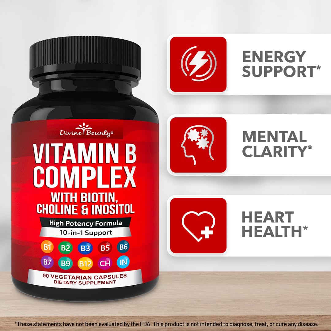 Divine Bounty B Complex daily-use visual suggesting a simple wellness routine.