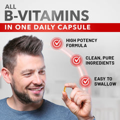 Divine Bounty B Complex label close-up highlights eight vitamins at a glance.