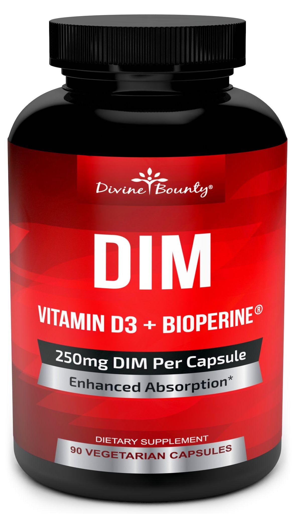 Divine Bounty DIM 250mg bottle showing potent DIM with D3 for daily support.