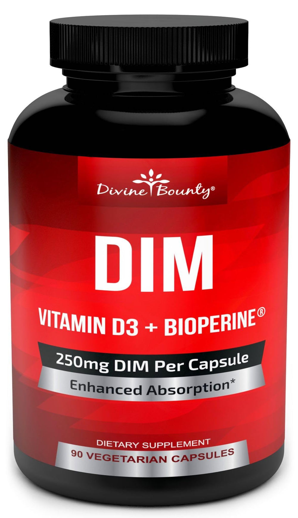 Divine Bounty DIM 250mg bottle showing potent DIM with D3 for daily support.