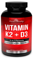 Divine Bounty vitamin K2 D3 bottle cap showing daily dosing for bone and heart support