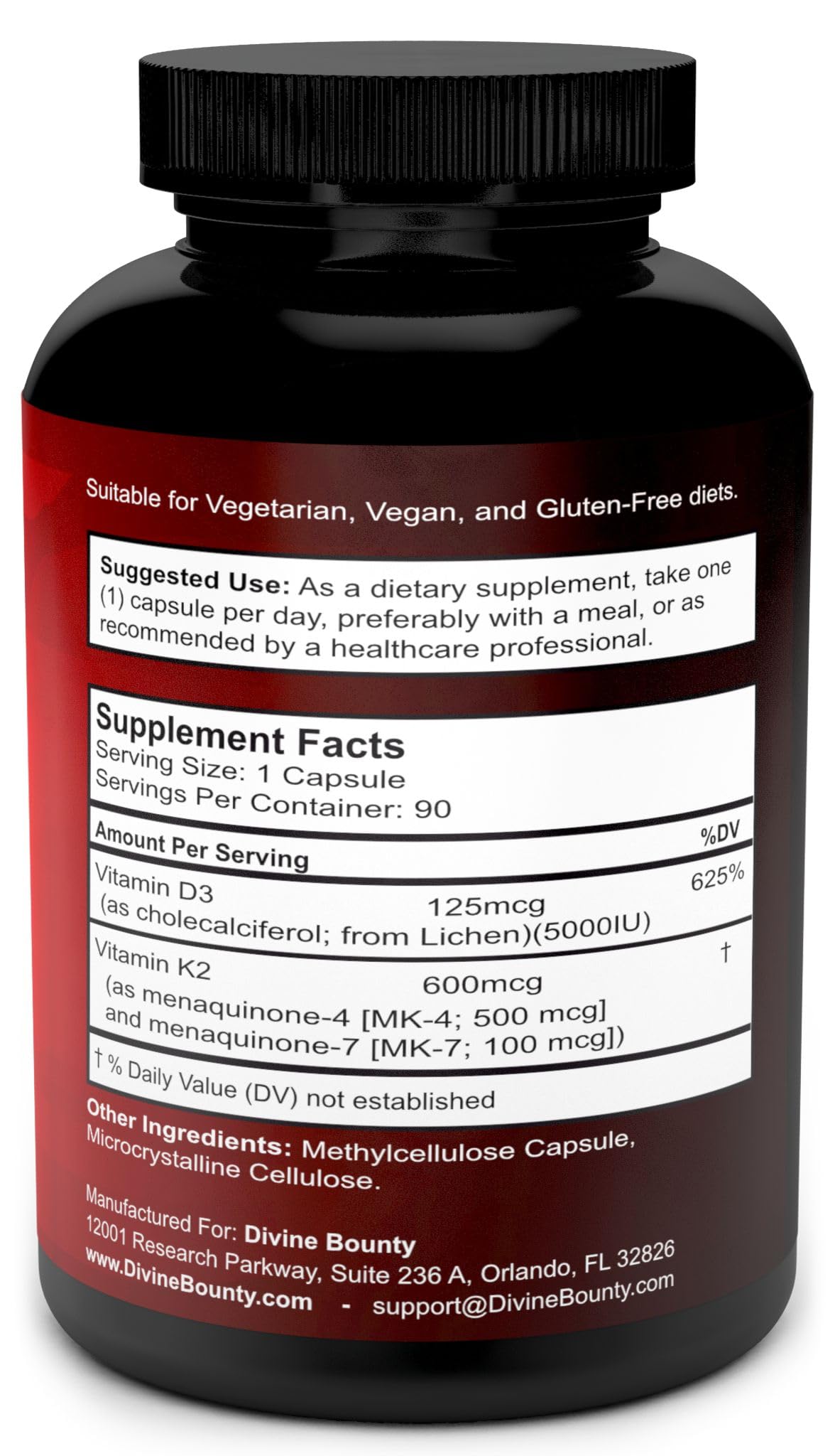 Divine Bounty vitamin K2 D3 capsules ready for daily use in a vegetarian capsule