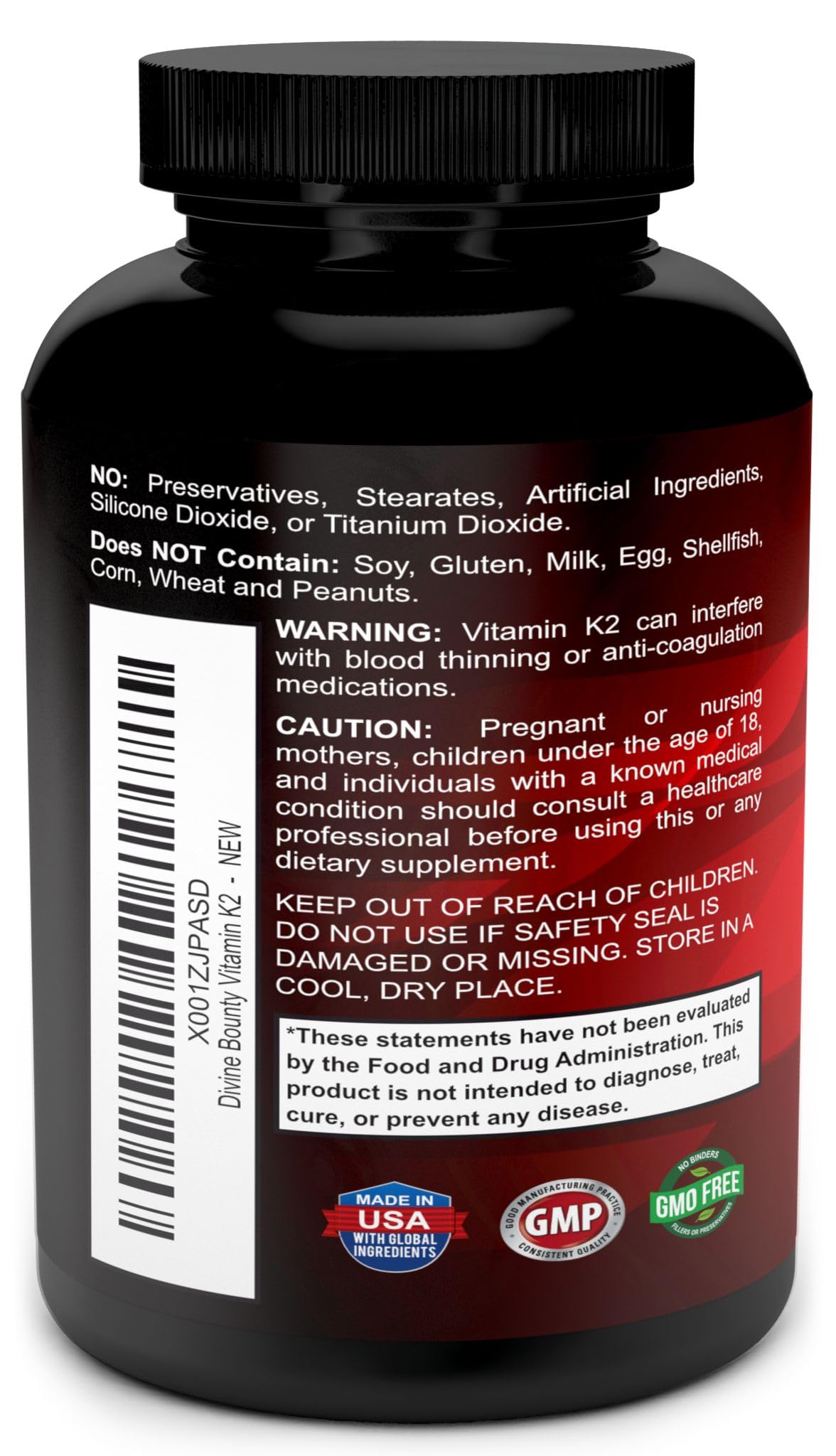 Divine Bounty vitamin K2 D3 label highlights MK4 MK7 and D3 benefits