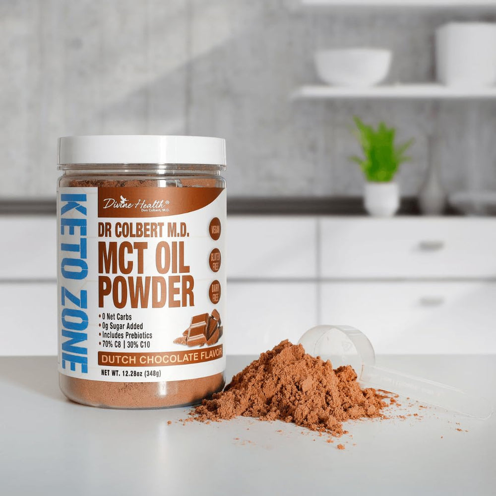 Divine Health Keto Zone MCT Powder pour in cup demonstrates easy on-the-go use
