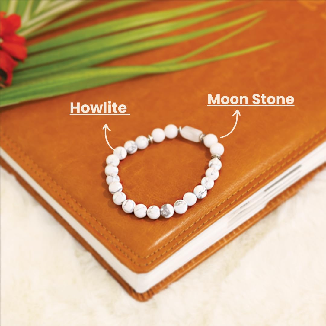 Divine Hindu Howlite bracelet worn on the left wrist illustrating stress relief and focus