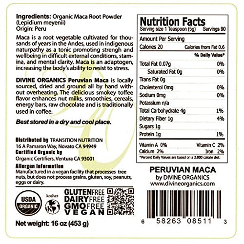 Divine Organics Maca Powder scoop in bowl shows easy add-to-smoothie use.