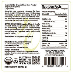 Divine Organics Maca Powder scoop in bowl shows easy add-to-smoothie use.