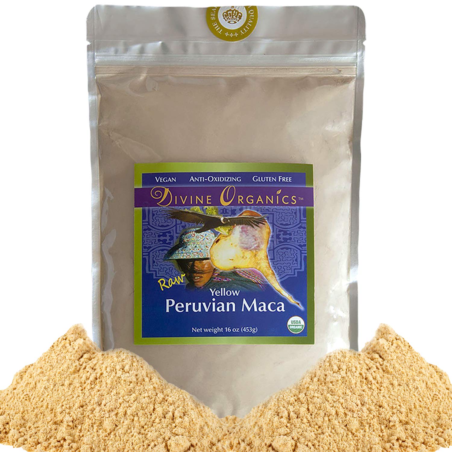 Divine Organics Maca Powder tub close-up shows premium organic quality for smoothies.