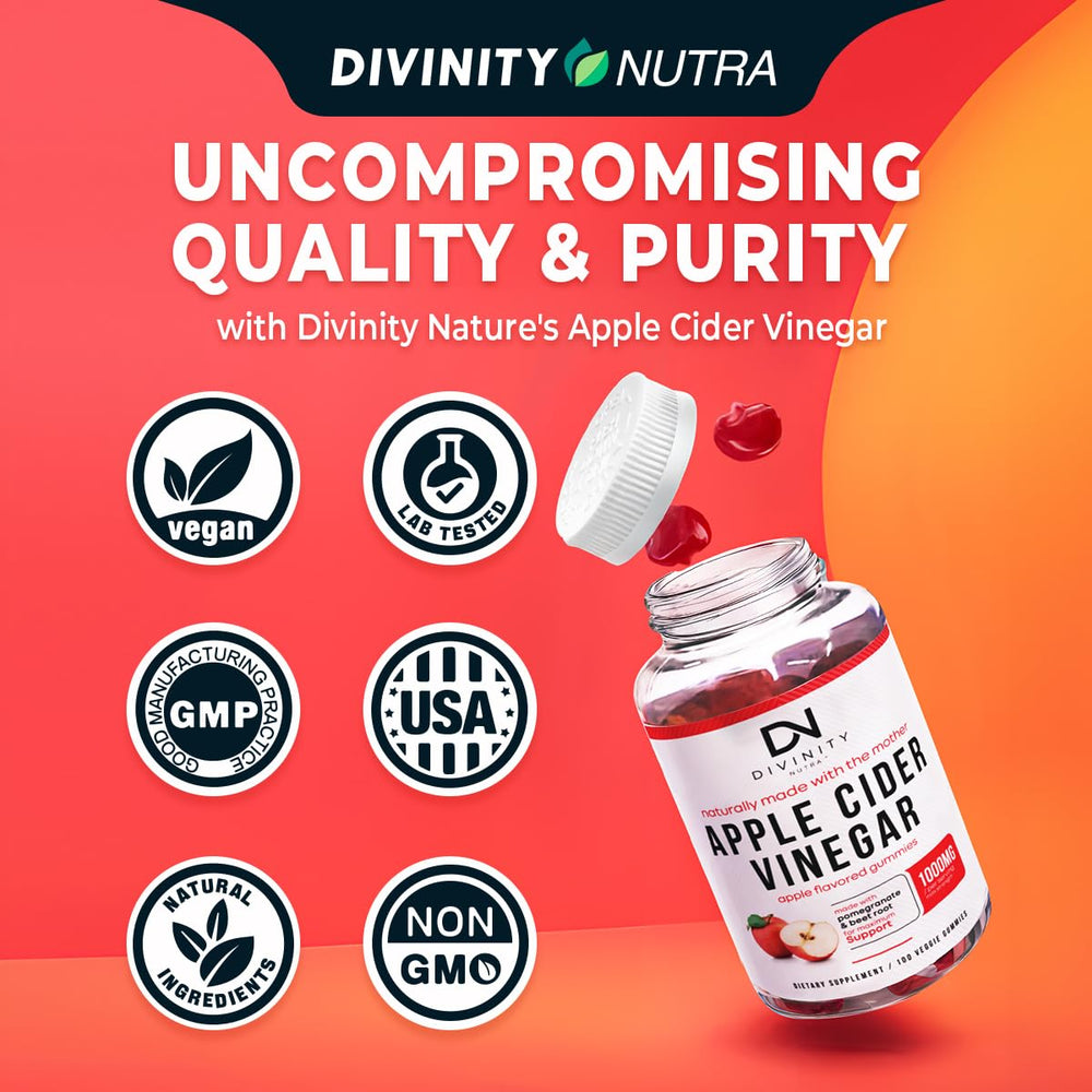 Divinity Nutra ACV Gummies close-up showing Mother and natural texture.
