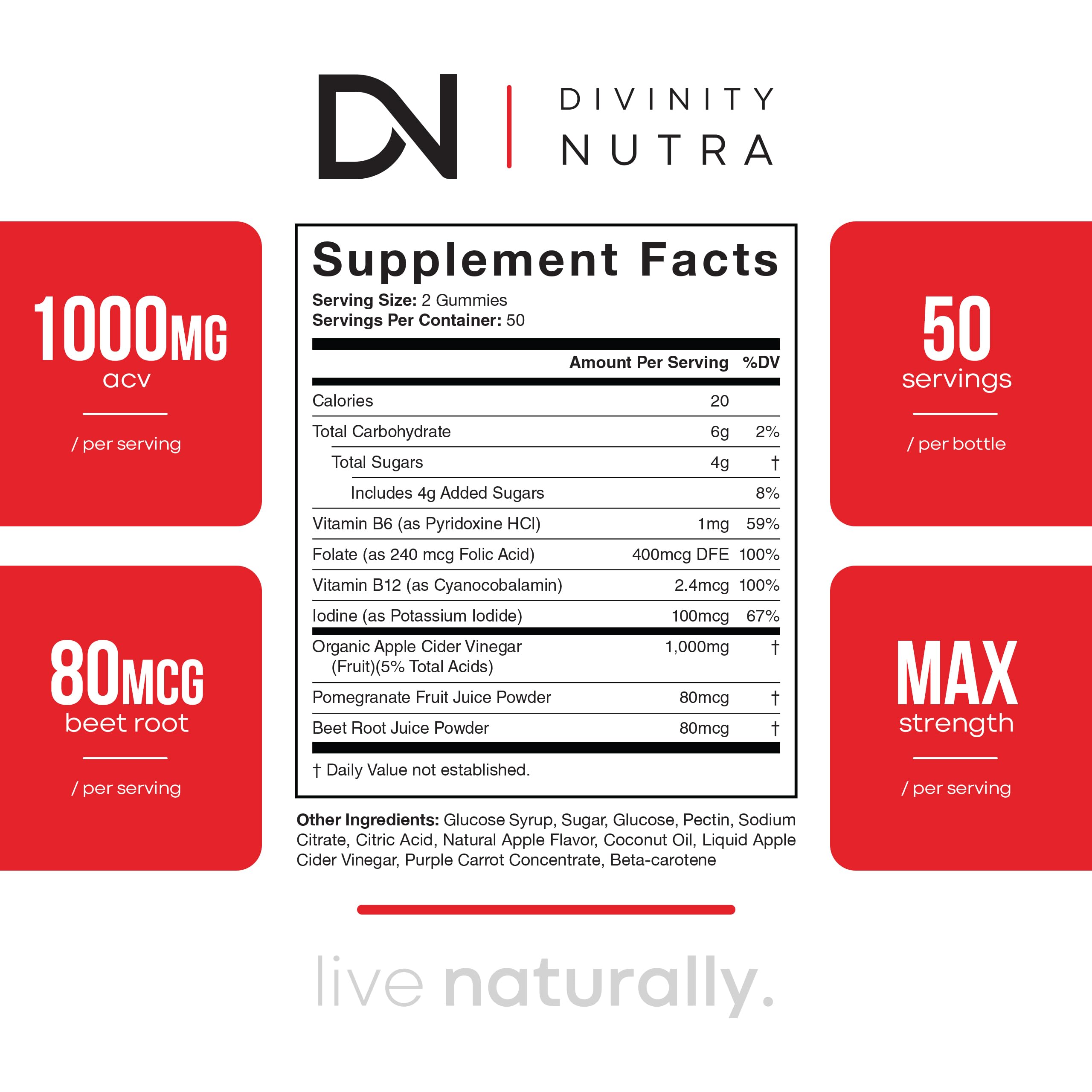 Divinity Nutra gummies packaging emphasizes vegan, non-GMO, gluten-free features.
