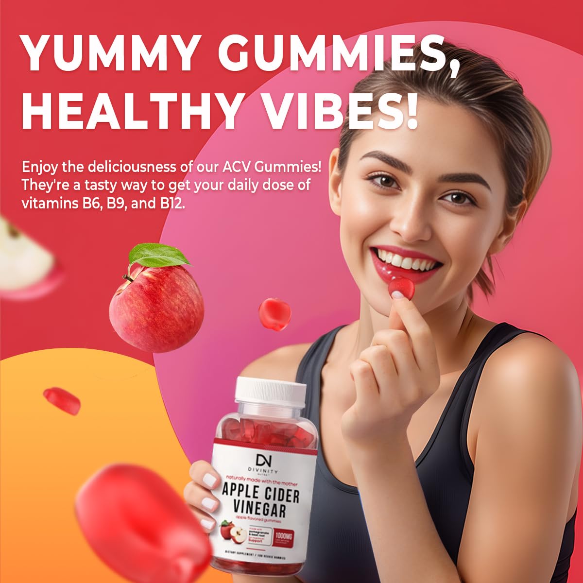 Divinity Nutra ACV gummies with Mother and beet/pomegranate ingredients for digestion support.