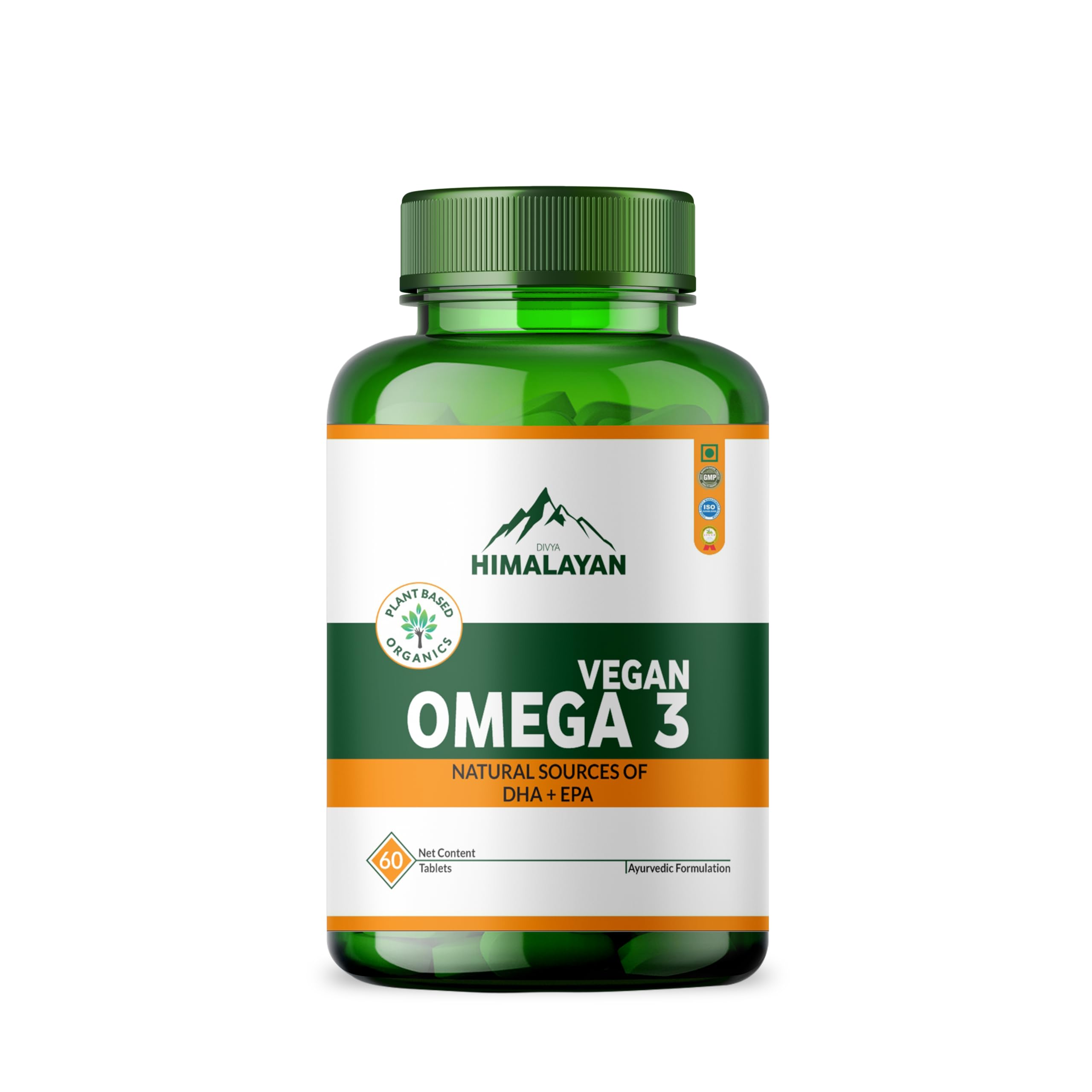 Divya Himalayan vegan omega-3-6-9 bottle image shows plant-based wellness for daily heart and brain support.