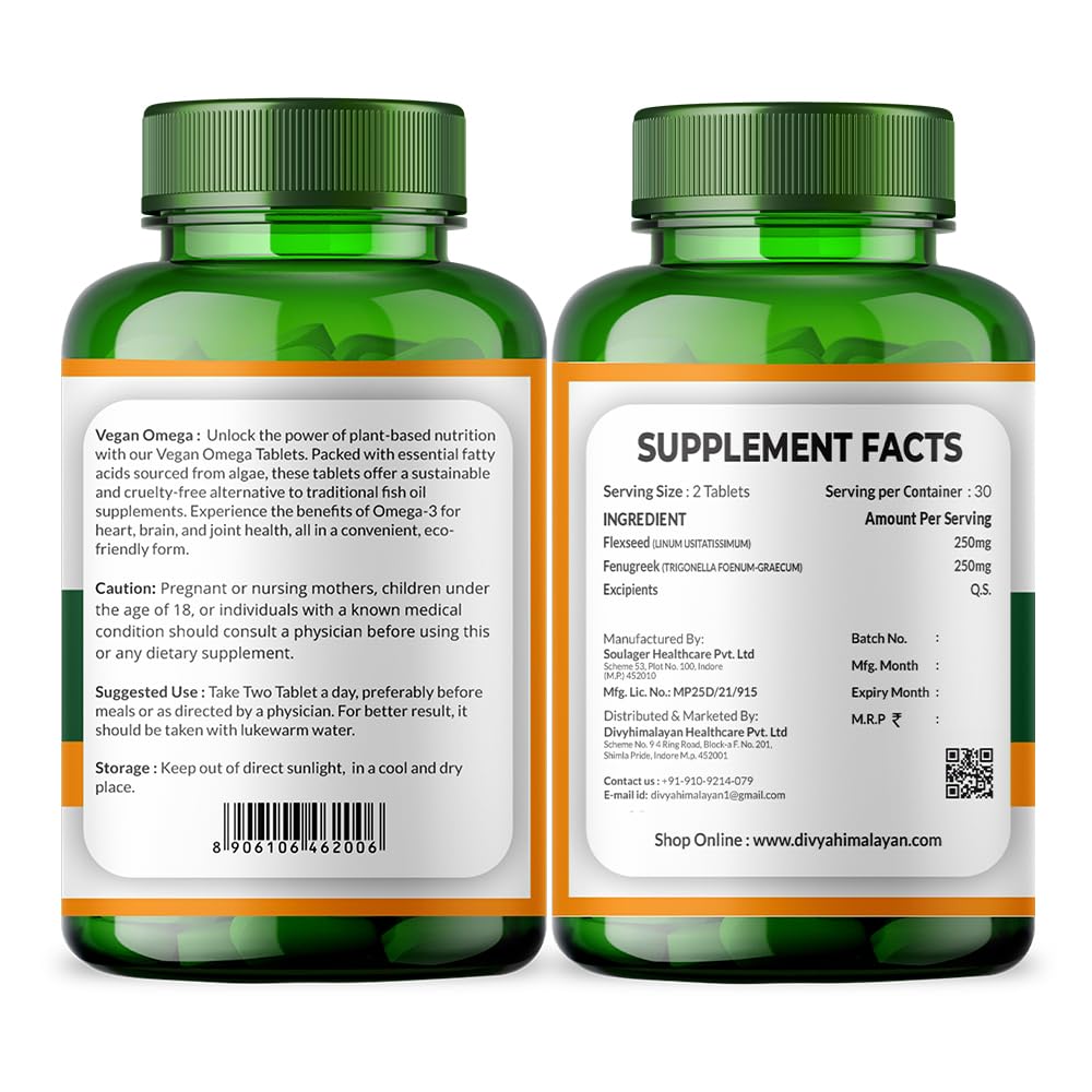 Divya Himalayan vegan omega3 tablets close-up easy-to-swallow daily supplement.