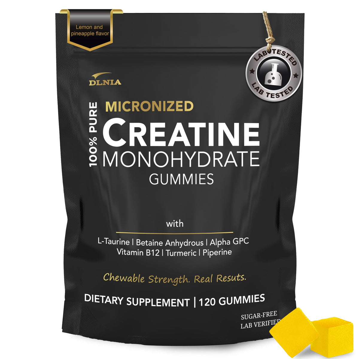 DLNIA Creatine Gummies blueberry bottle – convenient pre-workout energy.