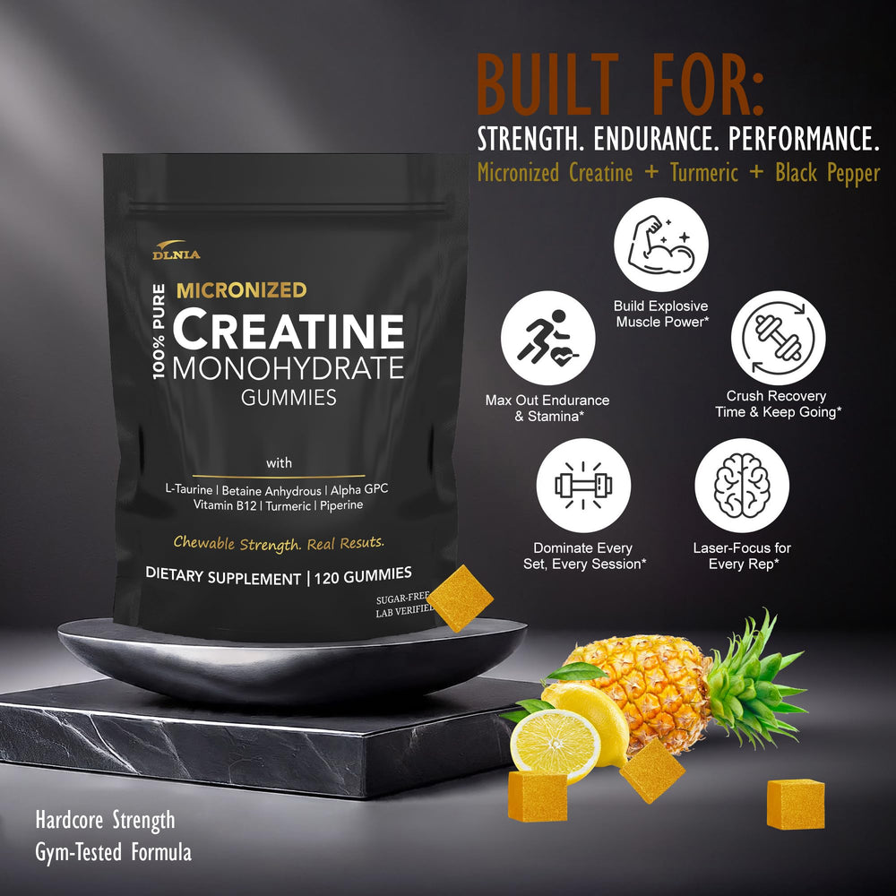 DLNIA Creatine Gummies label detail – vegan, non-GMO ingredients.
