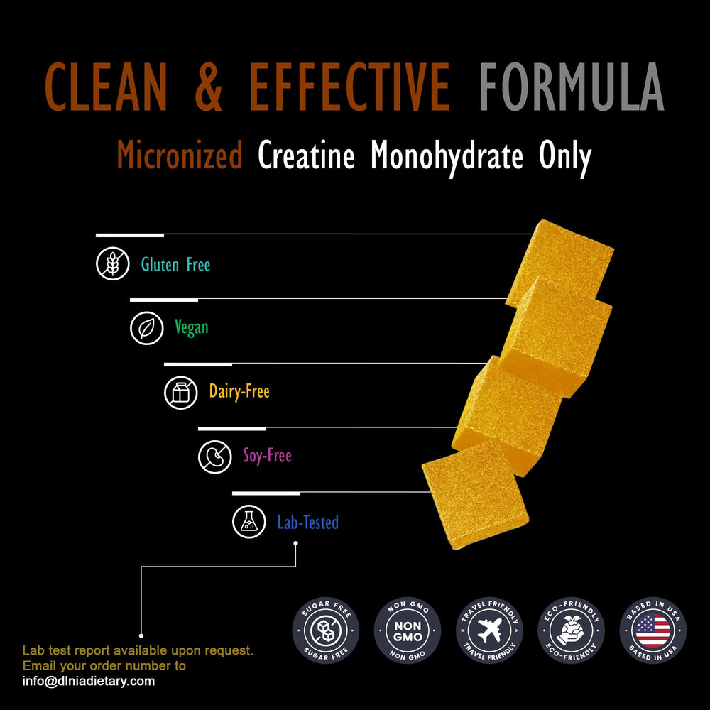 DLNIA Creatine Gummies packaging – gluten-free plant-based supplement.
