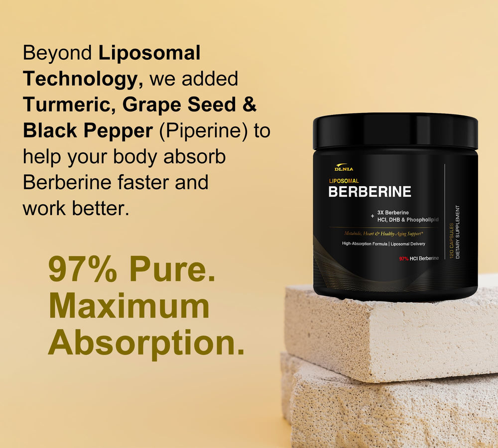 DLNIA Liposomal Berberine ingredients graphic shows DHB and liposomal complex