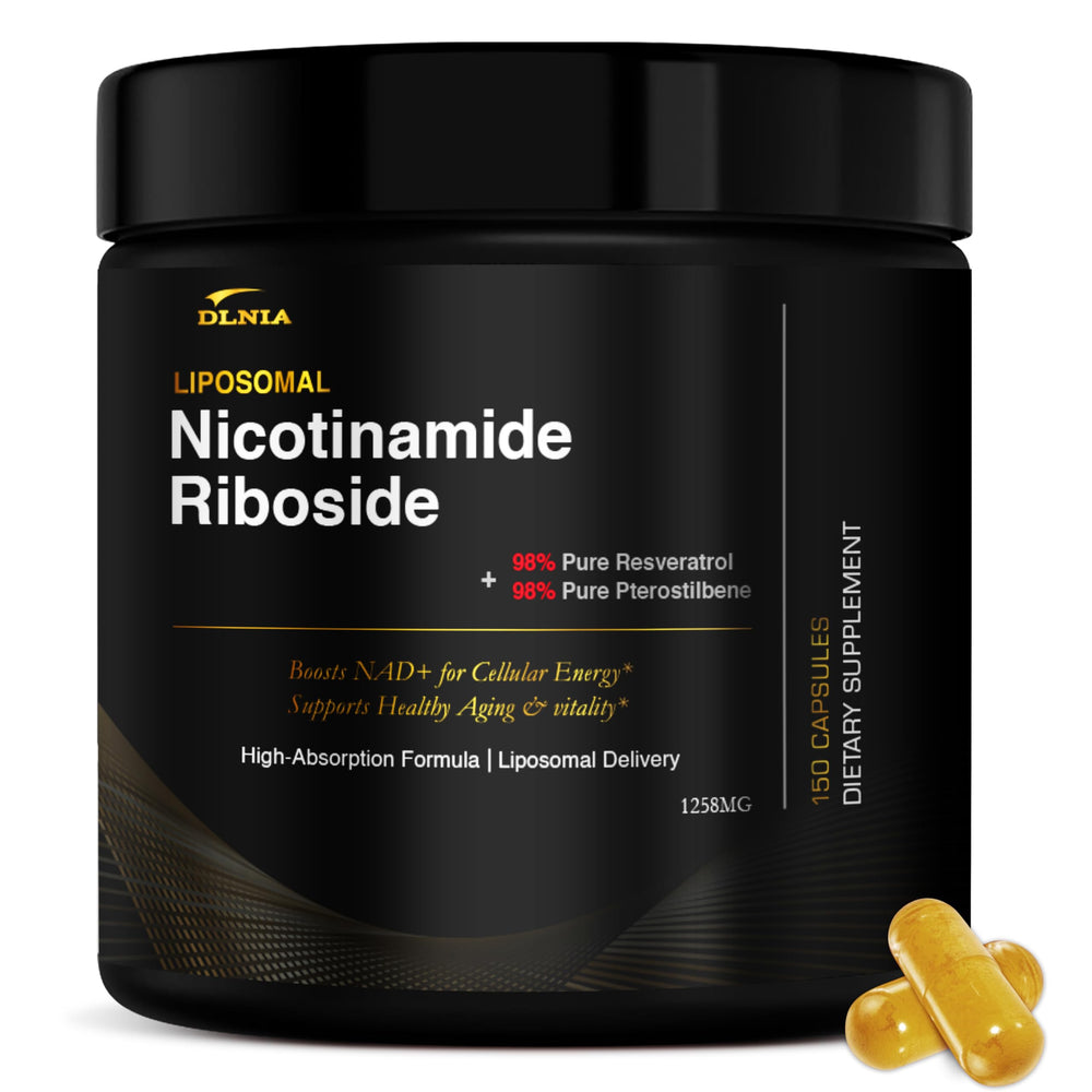 DLNIA Liposomal NAD with Resveratrol bottle highlighting enhanced absorption and energy support.