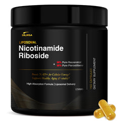 DLNIA Liposomal NAD with Resveratrol bottle highlighting enhanced absorption and energy support.