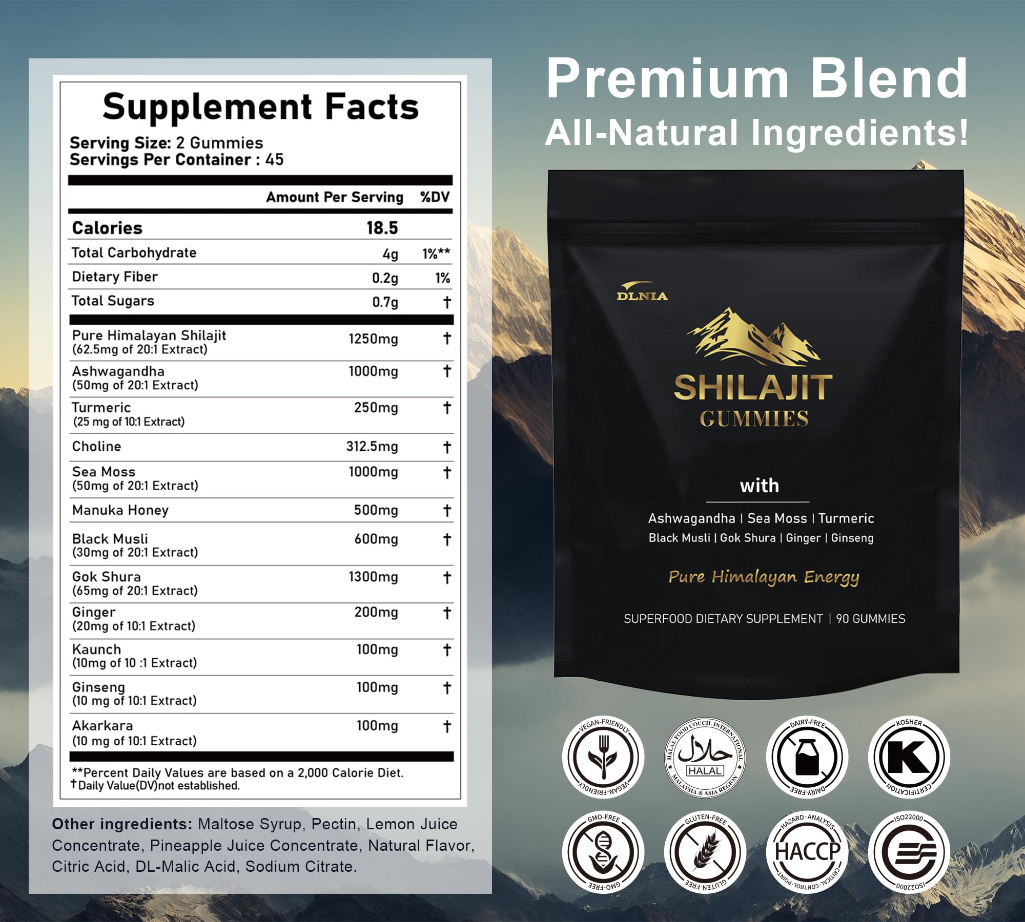 DLNIA Shilajit Gummies bottle pour shows convenient daily use for energy and focus.