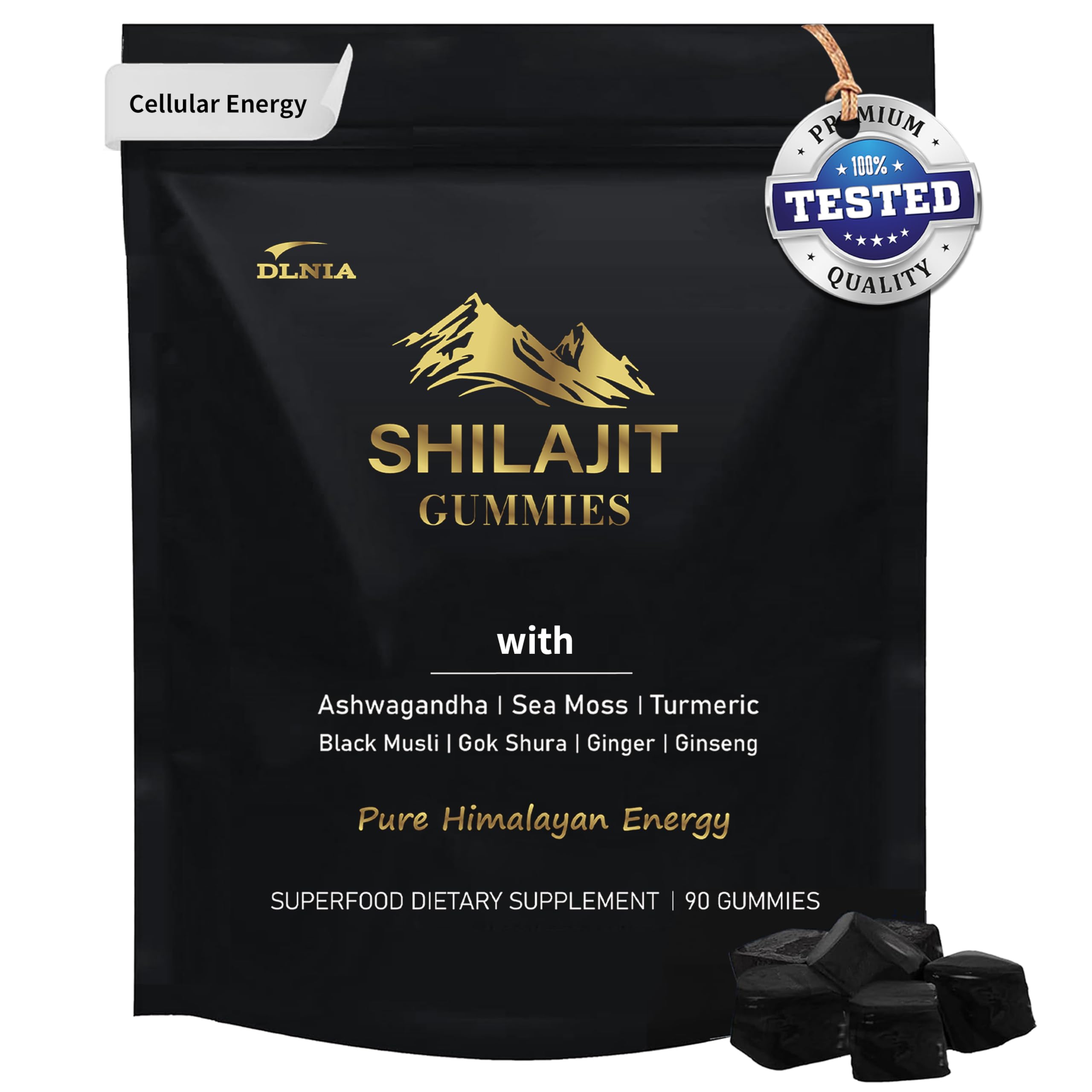 DLNIA Shilajit Gummies jar front view highlighting organic energy and overall wellness potential.