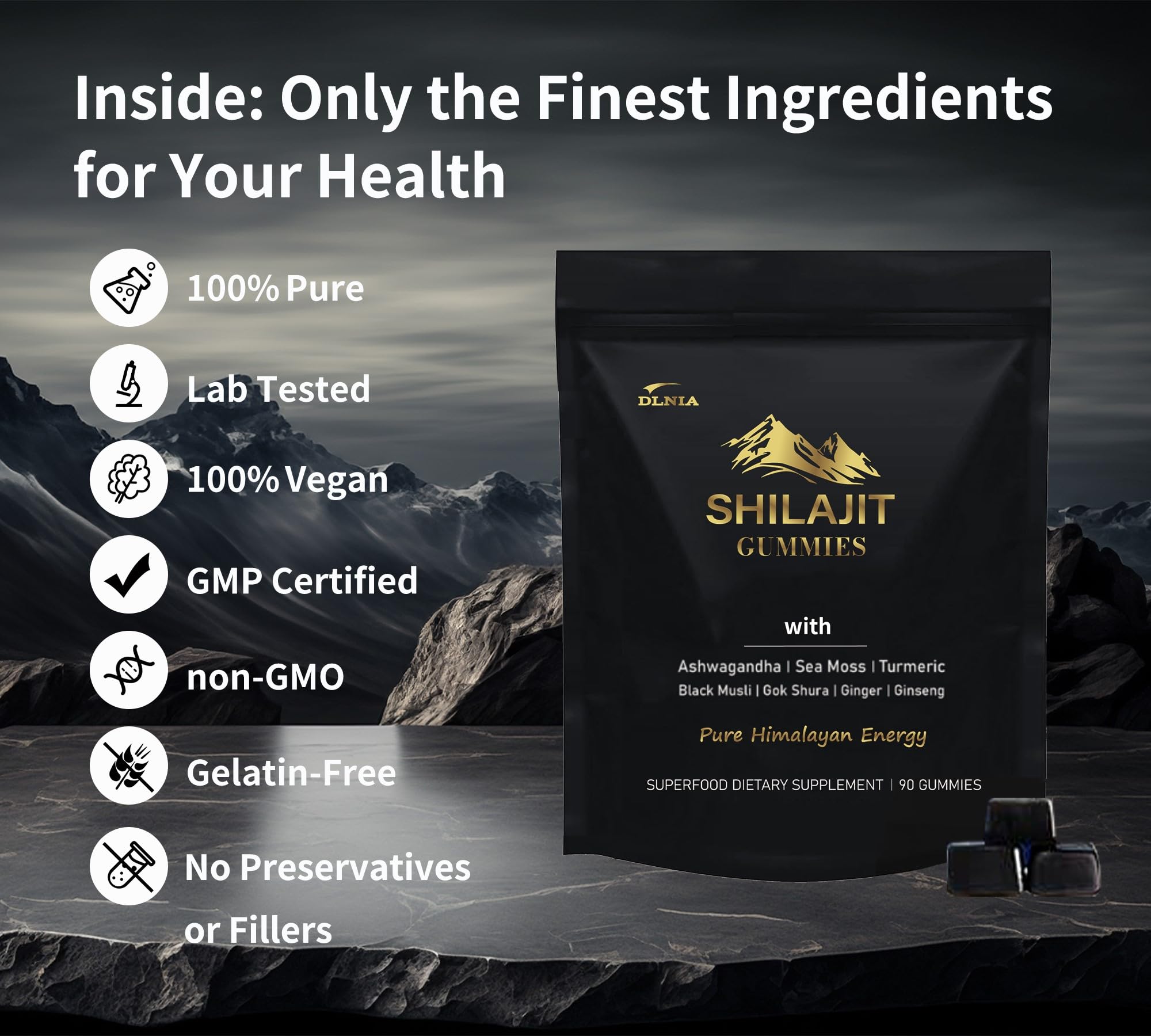 DLNIA Shilajit Gummies label ingredients emphasizes Ashwagandha and Turmeric for holistic support.