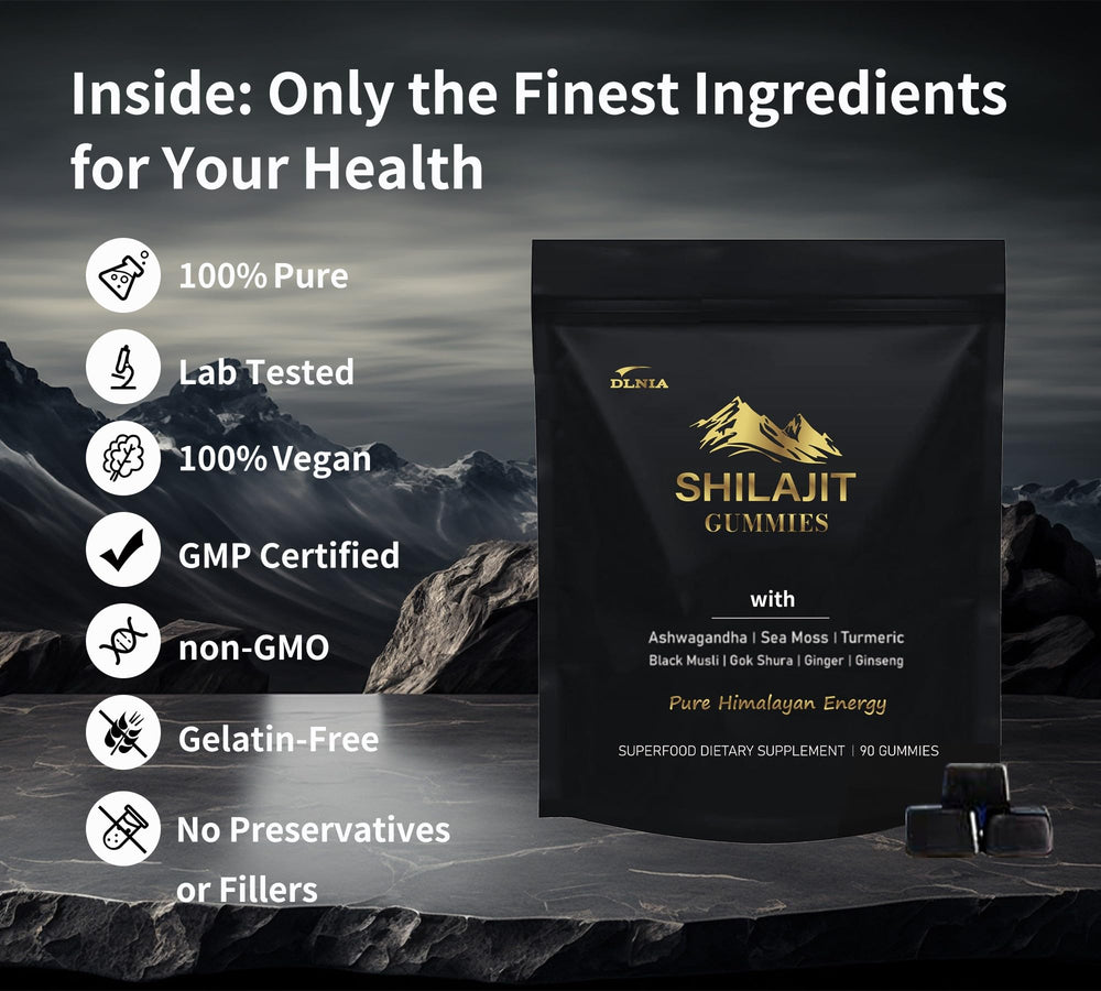 DLNIA Shilajit Gummies label ingredients emphasizes Ashwagandha and Turmeric for holistic support.