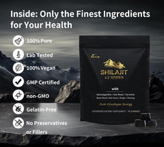 DLNIA Shilajit Gummies label ingredients emphasizes Ashwagandha and Turmeric for holistic support.