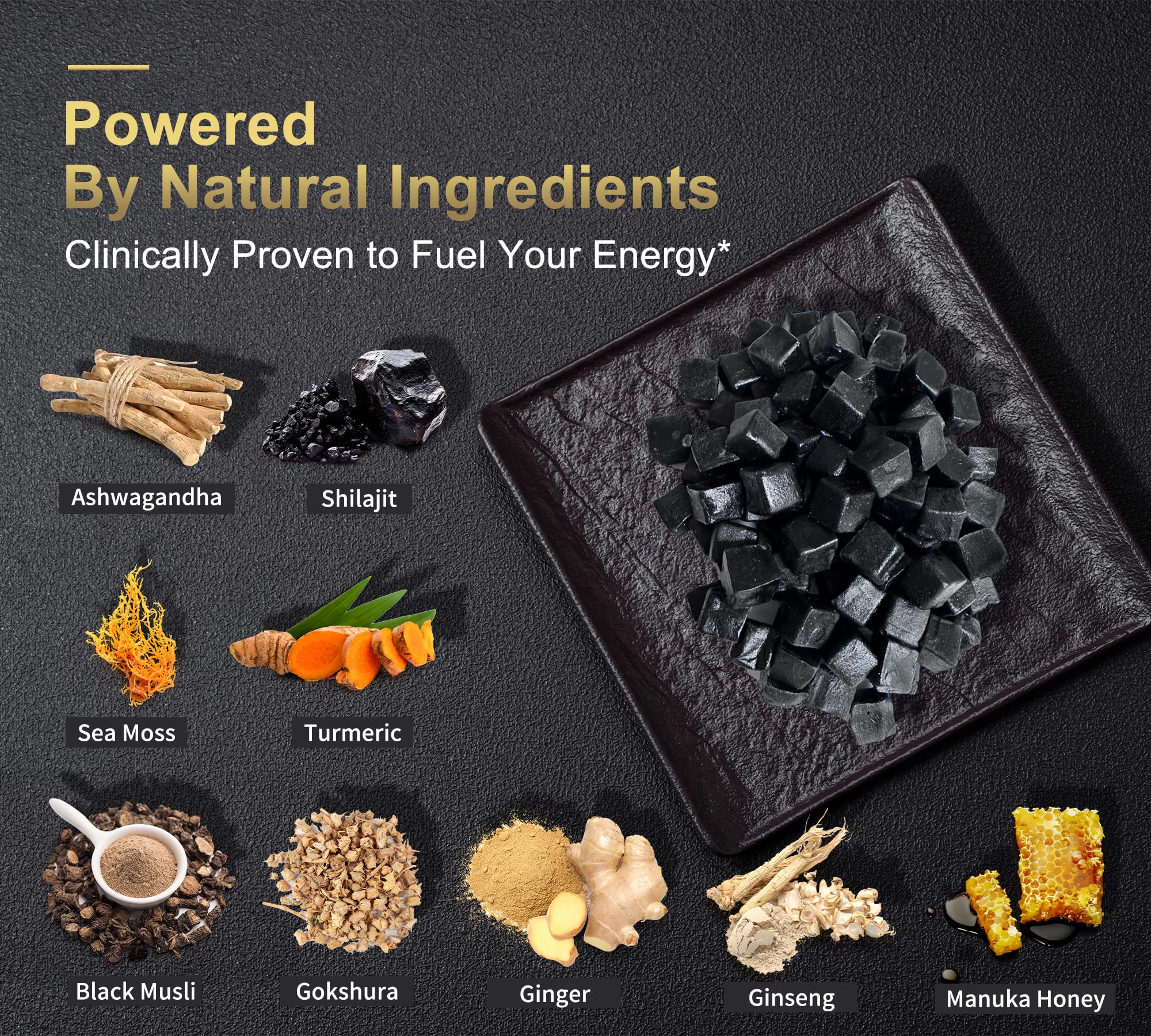 DLNIA Shilajit Gummies texture closeup reveals chewy consistency ideal for steady energy.