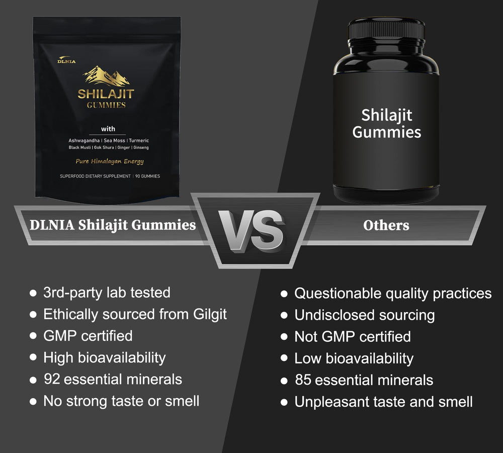 DLNIA Shilajit Gummies vegan badge signals plant-based, sugar-free pleasure for daily routines.