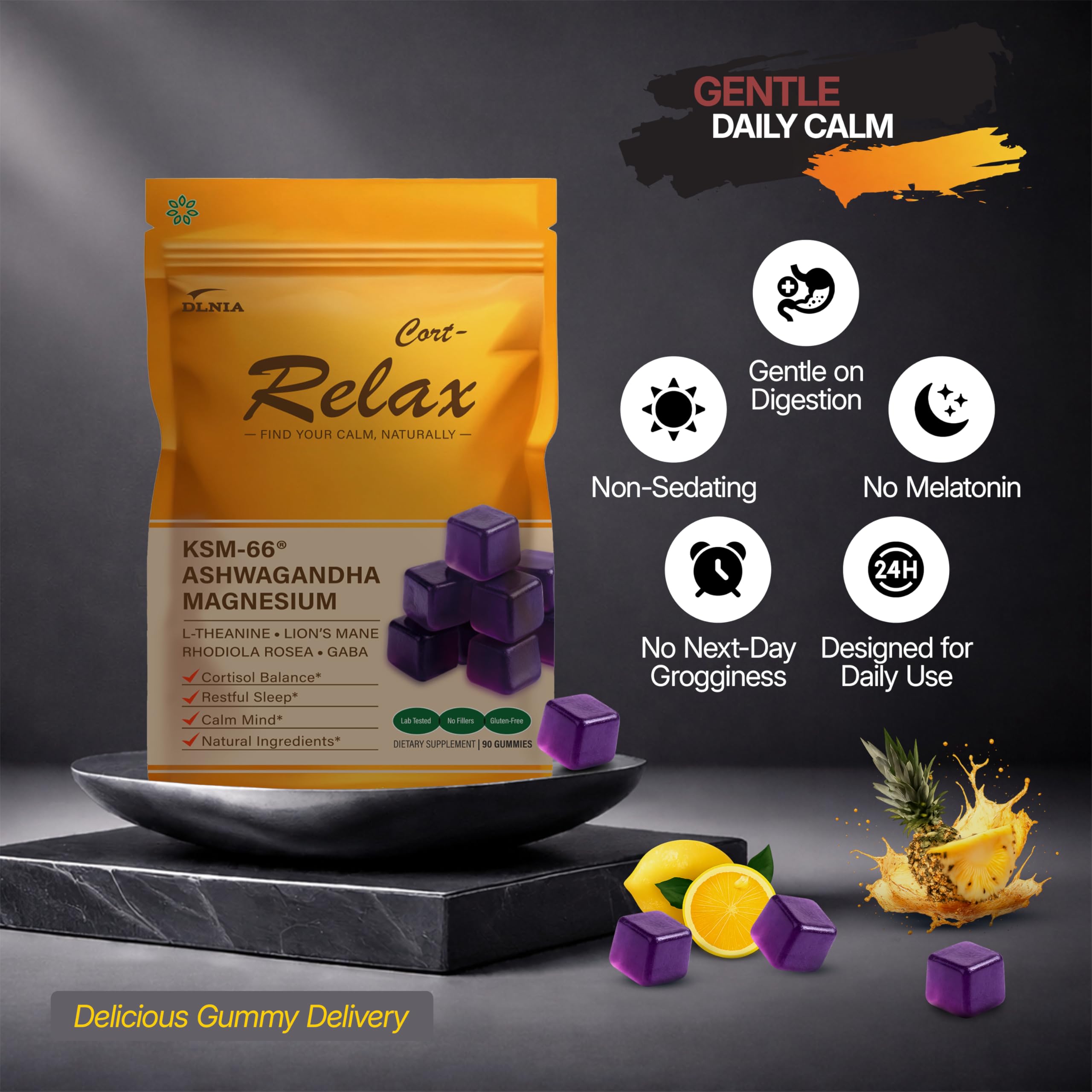 DLNIA Super Calm Gummies label highlights magnesium glycinate and ashwagandha for stress-ready support.