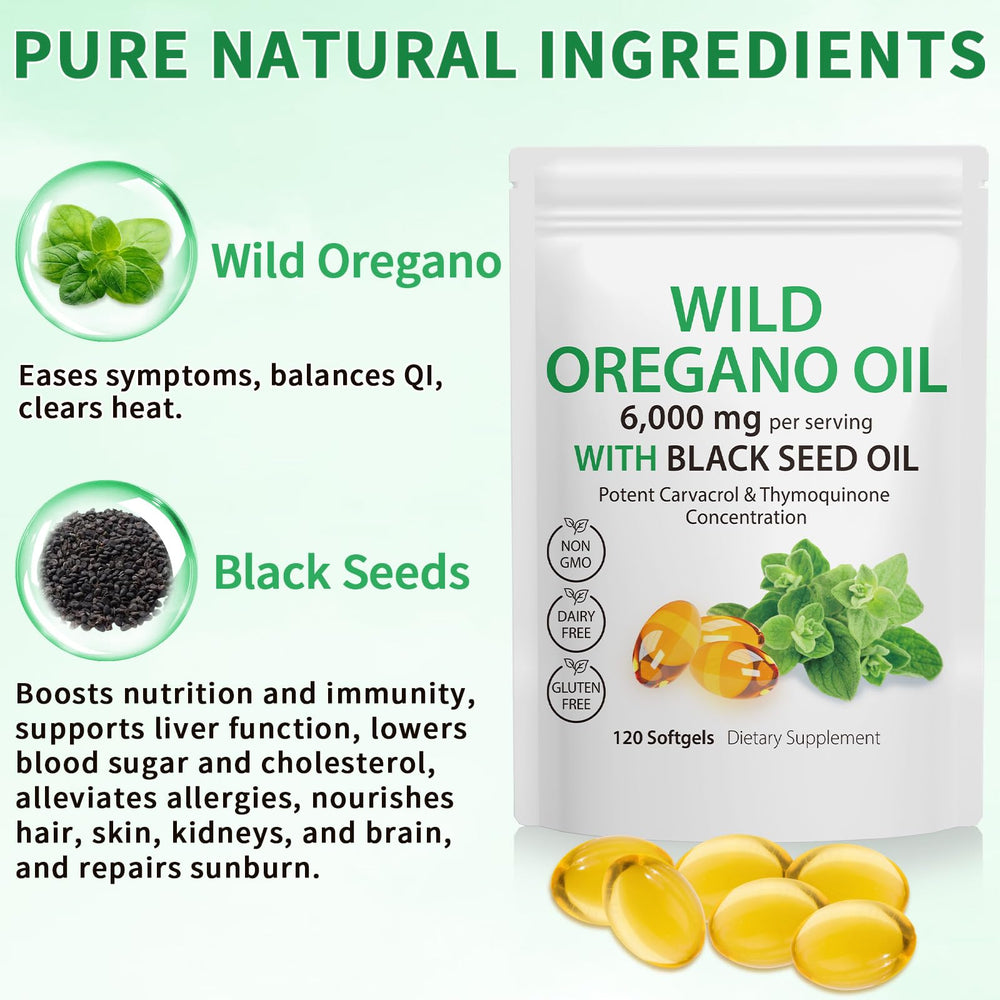 DLOMFVFQ oregano oil with black seed oil capsules close-up for daily wellness.