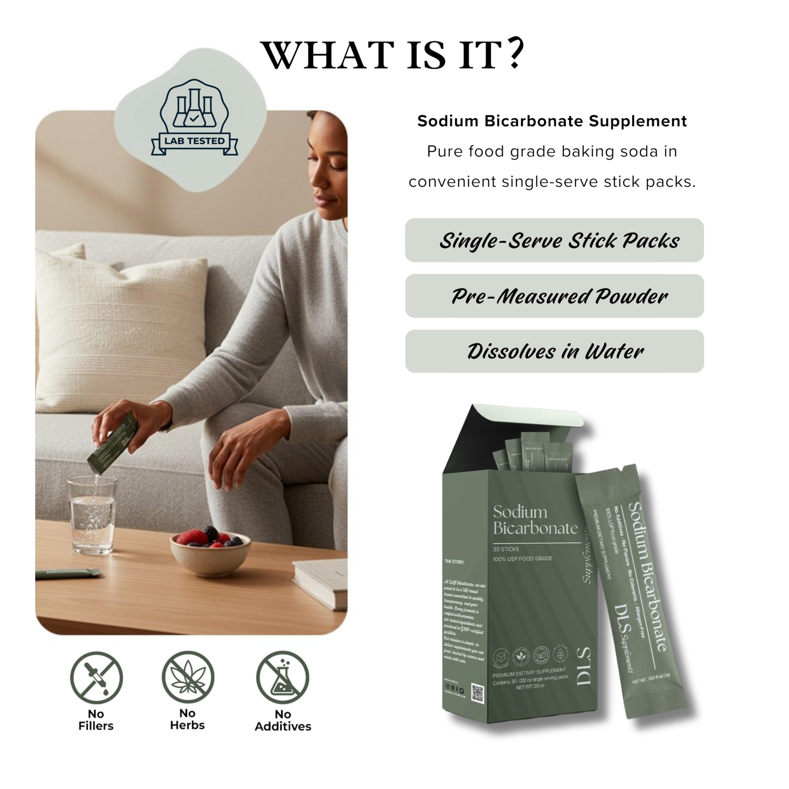 DLS single-serve sticks dissolving in water for quick, convenient digestive comfort.