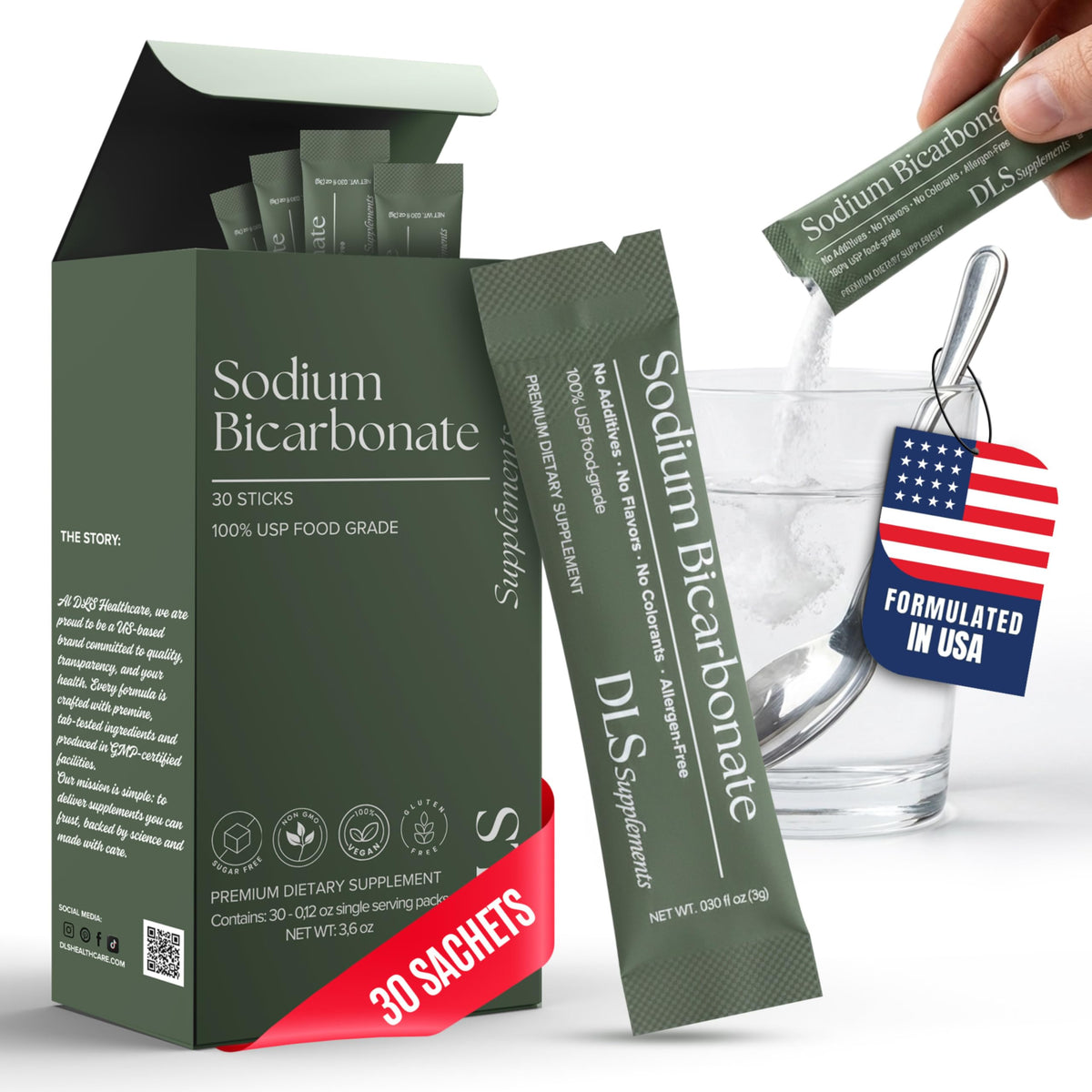 DLS sodium bicarbonate sachets box with 30 single-serve sticks for on-the-go digestion support.