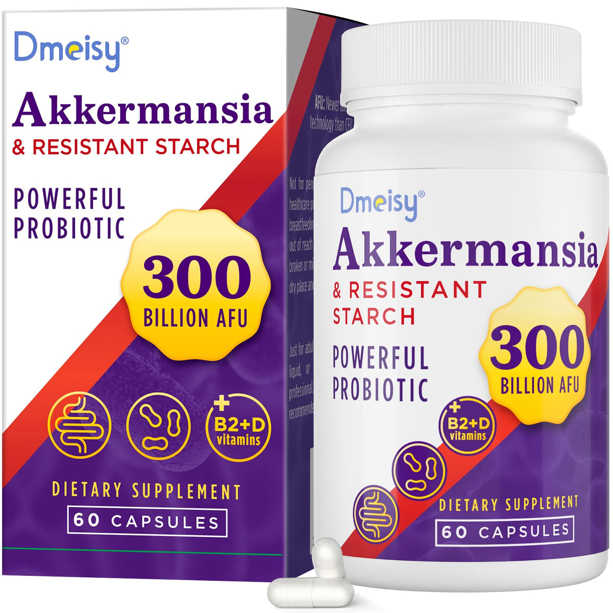 Dmeisy Akkermansia bottle showing 300 Billion AFU for gut health