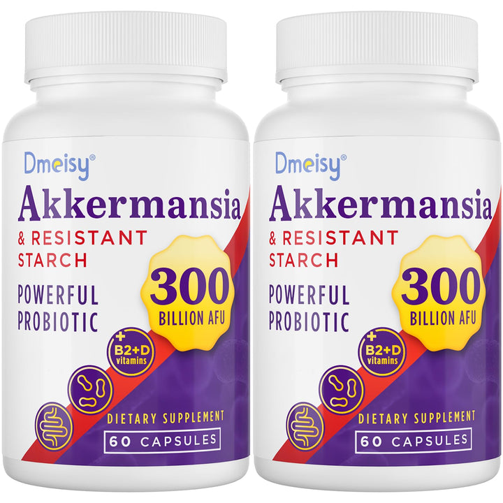 Dmeisy Akkermansia bottle with capsules for gut health support.