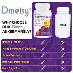 Dmeisy Akkermansia packaging showing shelf-stable probiotic benefits.