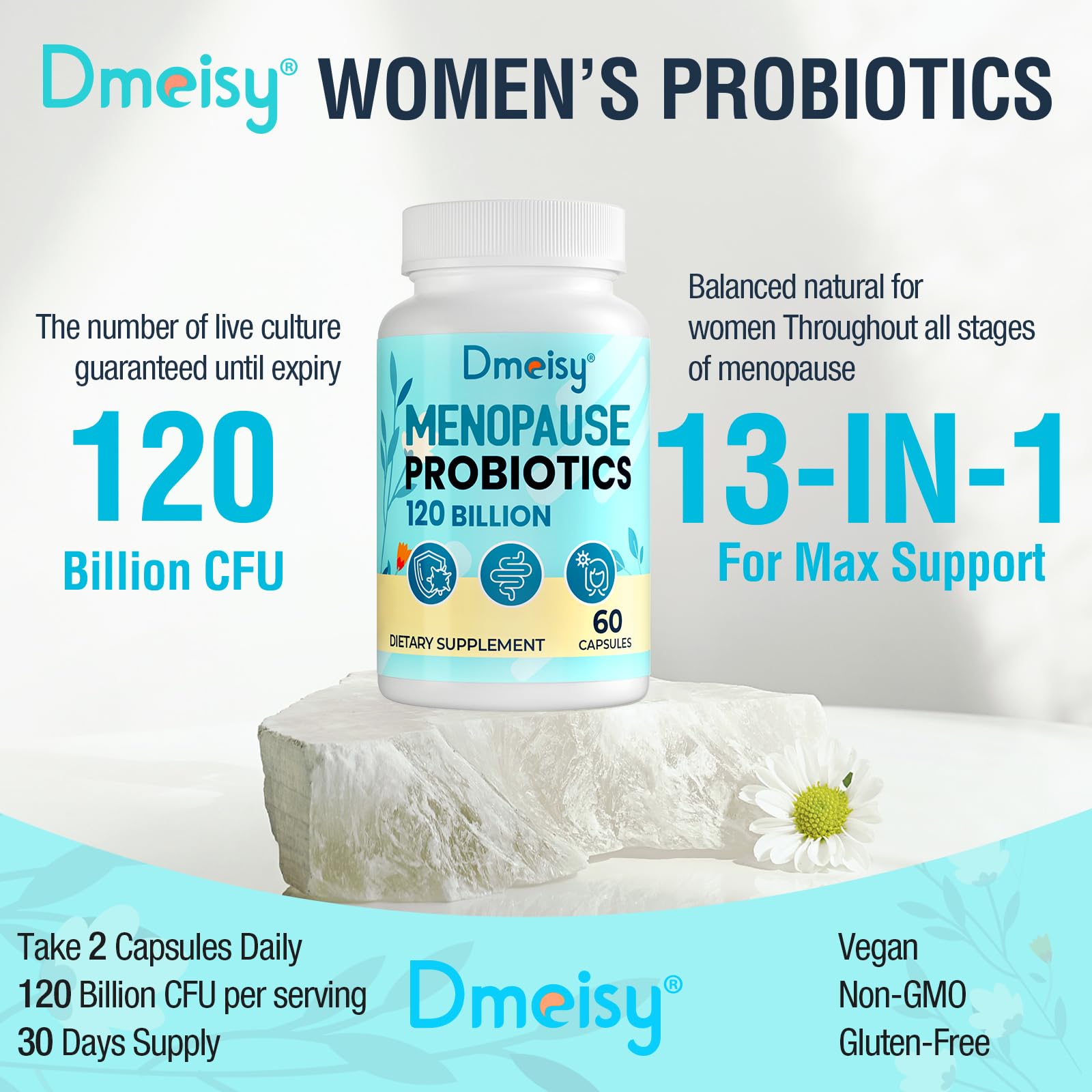 Dmeisy bottle front shows green tea and turmeric for antioxidant wellness